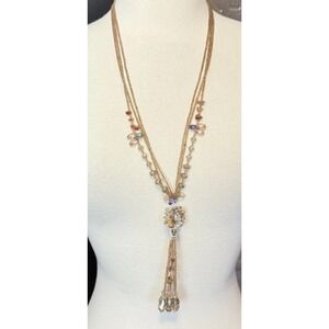 Long Multi-Strand Champagne Beaded Necklace Spinning Crystal Cluster Tassel